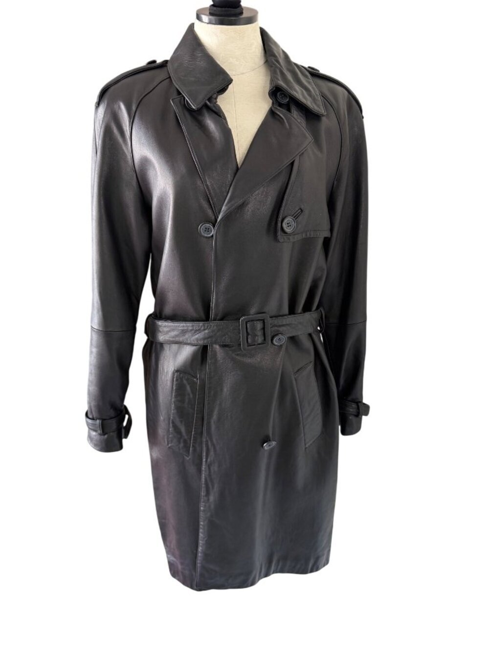 Jones New York Womens Belted Waist Leather Trench Coat Size Medium Black Vintage